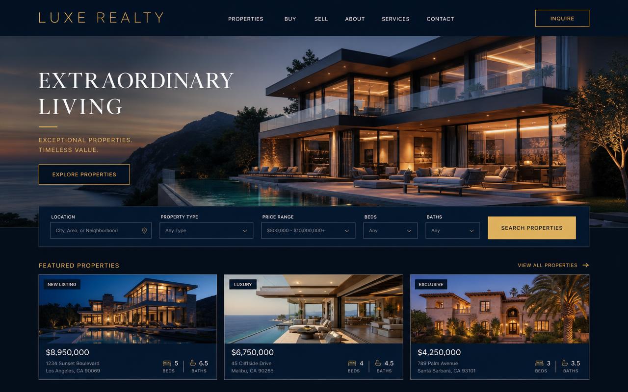 Luxe Realty concept homepage design