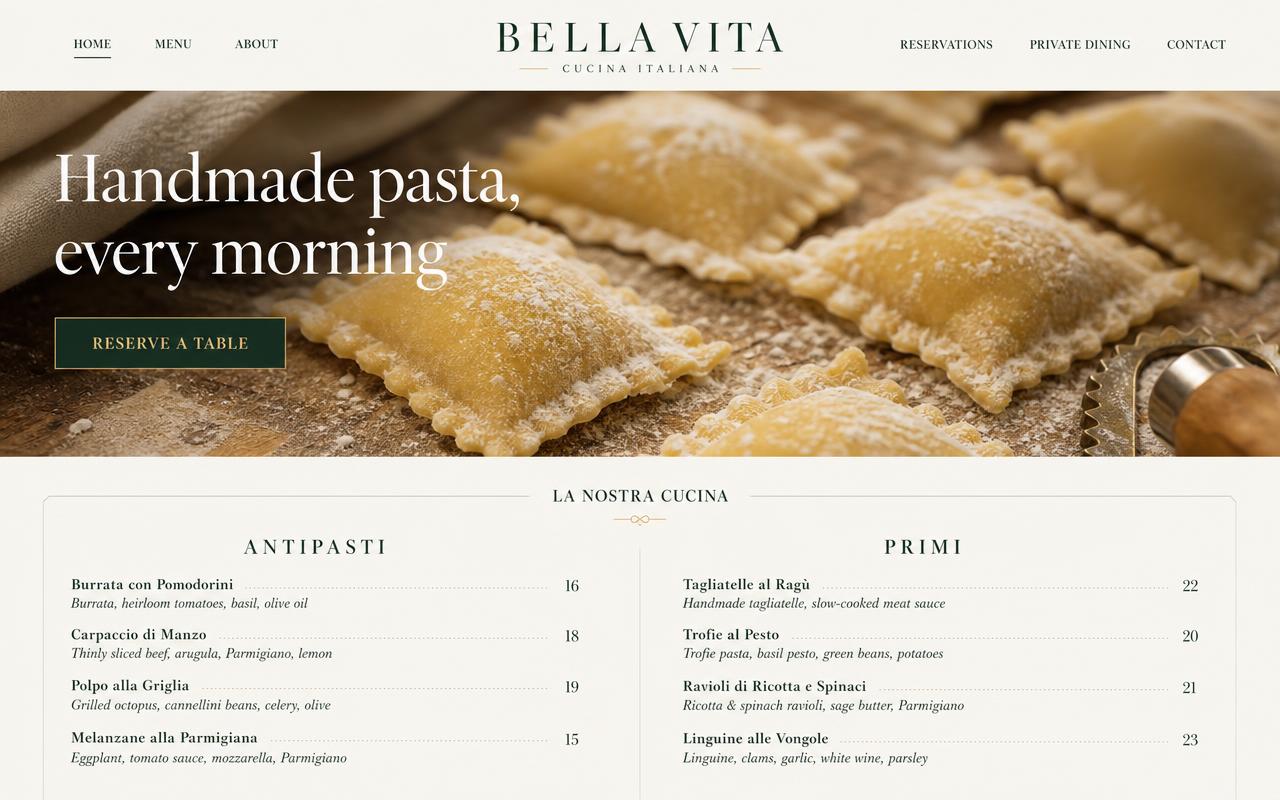 Bella Vita concept homepage design